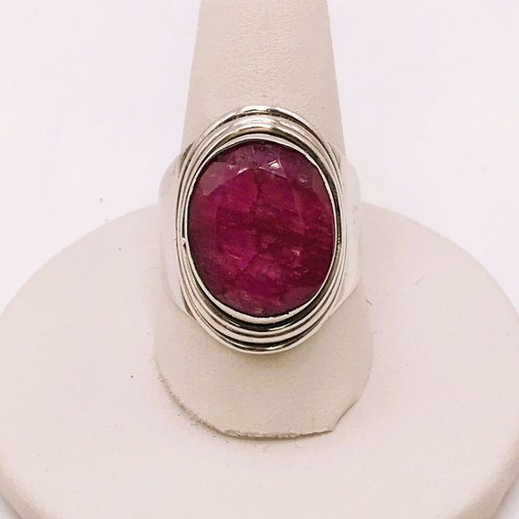 Raw Ruby Sterling Silver Ring .925 Faceted Size 8 July Birthstone Saddle Style - Picture 4 of 7